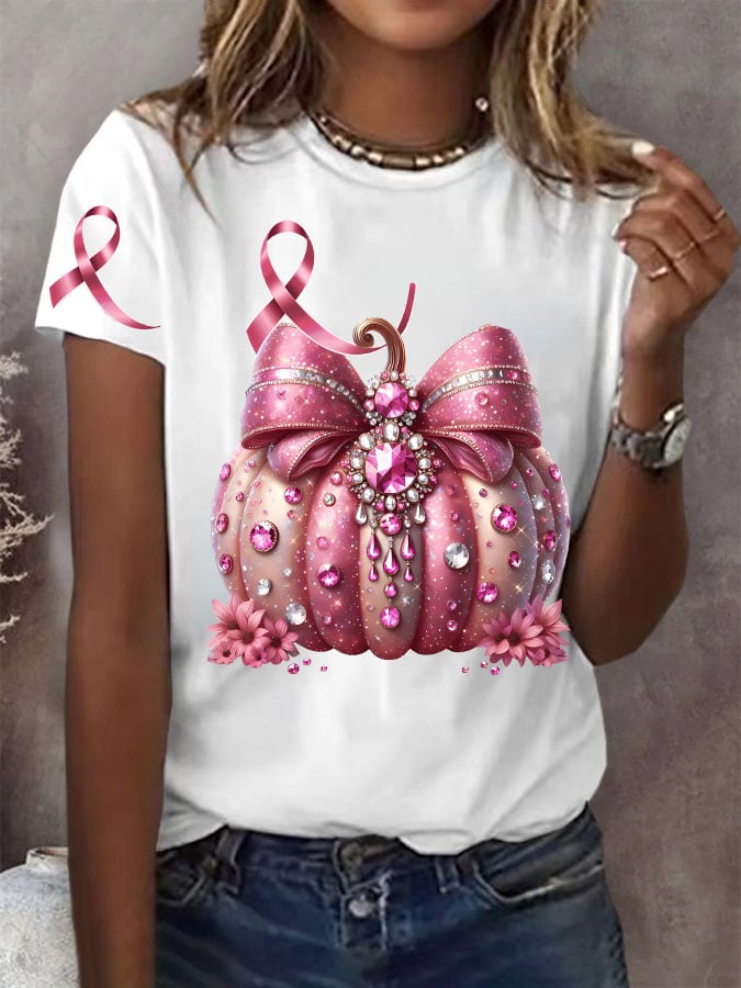 Women's Pink Pumpkin Breast Cancer Awareness Print Short Sleeve T-Shirt