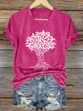 Women's Breast Cancer Awareness Ribbon Forming a Tree V Neck Printed T-Shirt Top