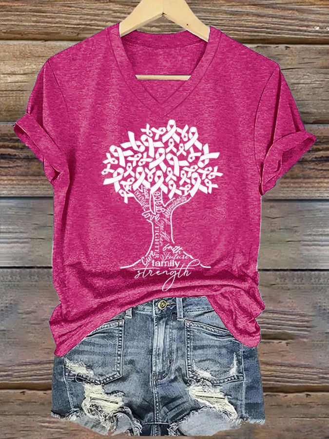Women's Breast Cancer Awareness Ribbon Forming a Tree V Neck Printed T-Shirt Top