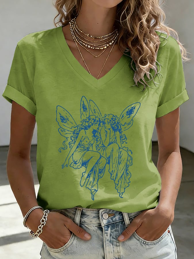 V-Neck Retro Medieval Fairy Subtle Lesbian Print T-Shirt