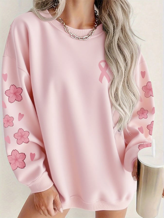 Women's Cherry Blossom Pink Ribbon Print Casual Round Neck Sweatshirt