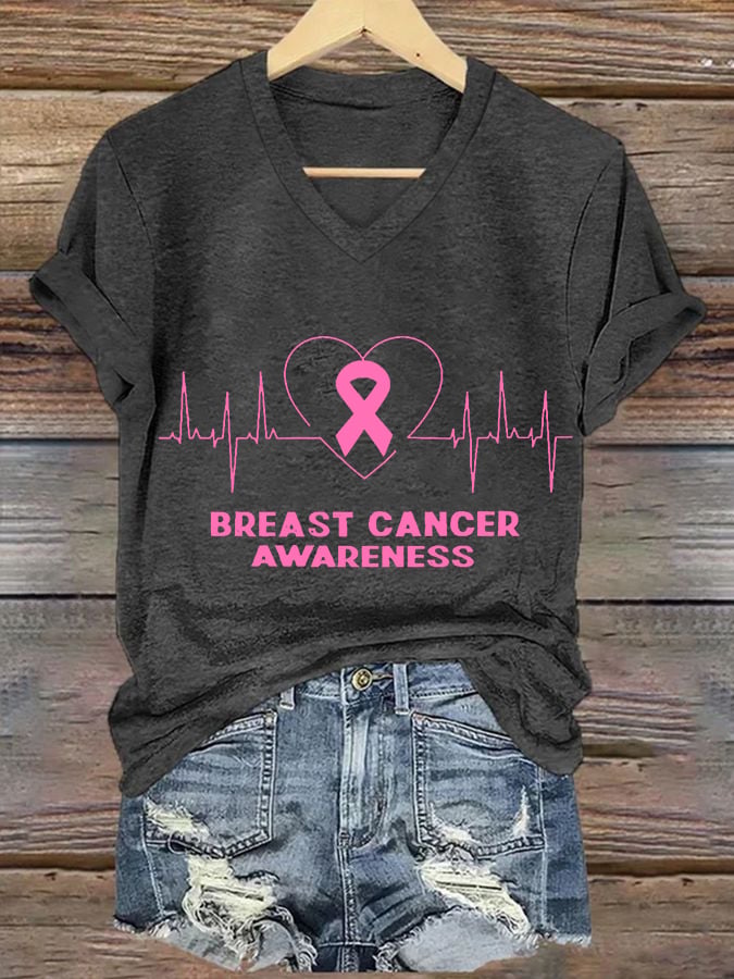 Women's Breast Cancer Awareness Print V-Neck T-Shirt