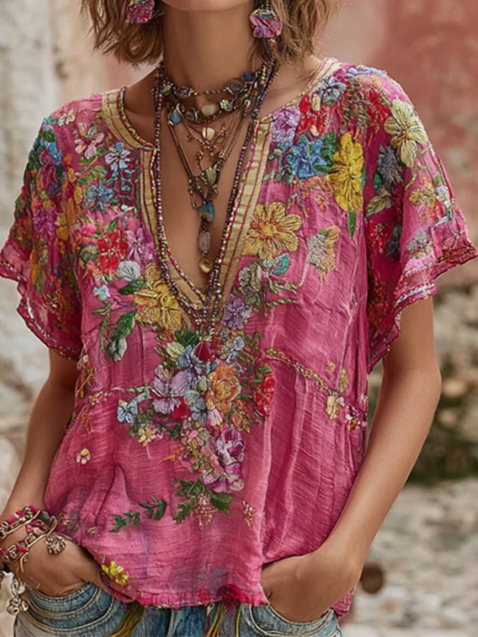 Women's Vintage Pink Floral Art V-Neck Linen Blend T-Shirt