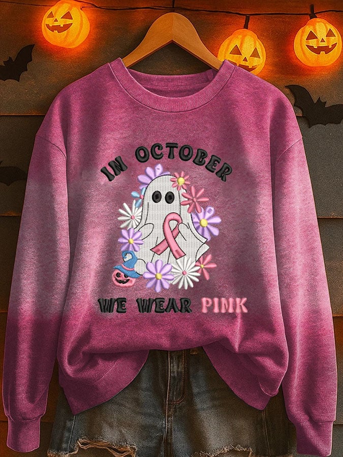 Women's In October We Wear Pink Breast Cancer Awareness Print Round Neck Sweatshirt