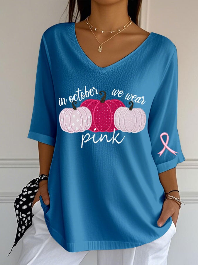 Women's Breast Cancer Print Casual V-Neck Top