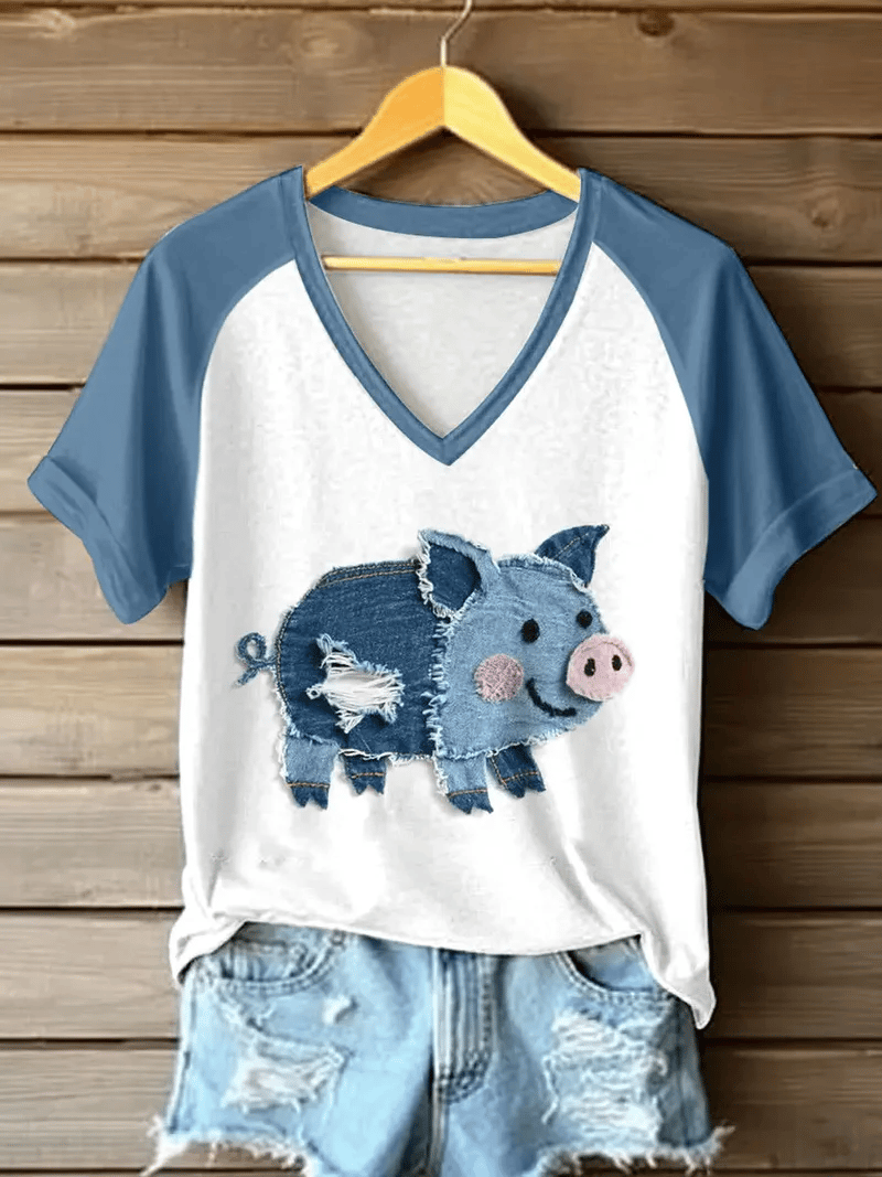 Women's Retro Funny  Animal Cochon Mignon Print Raglan Short Sleeve T-Shirt