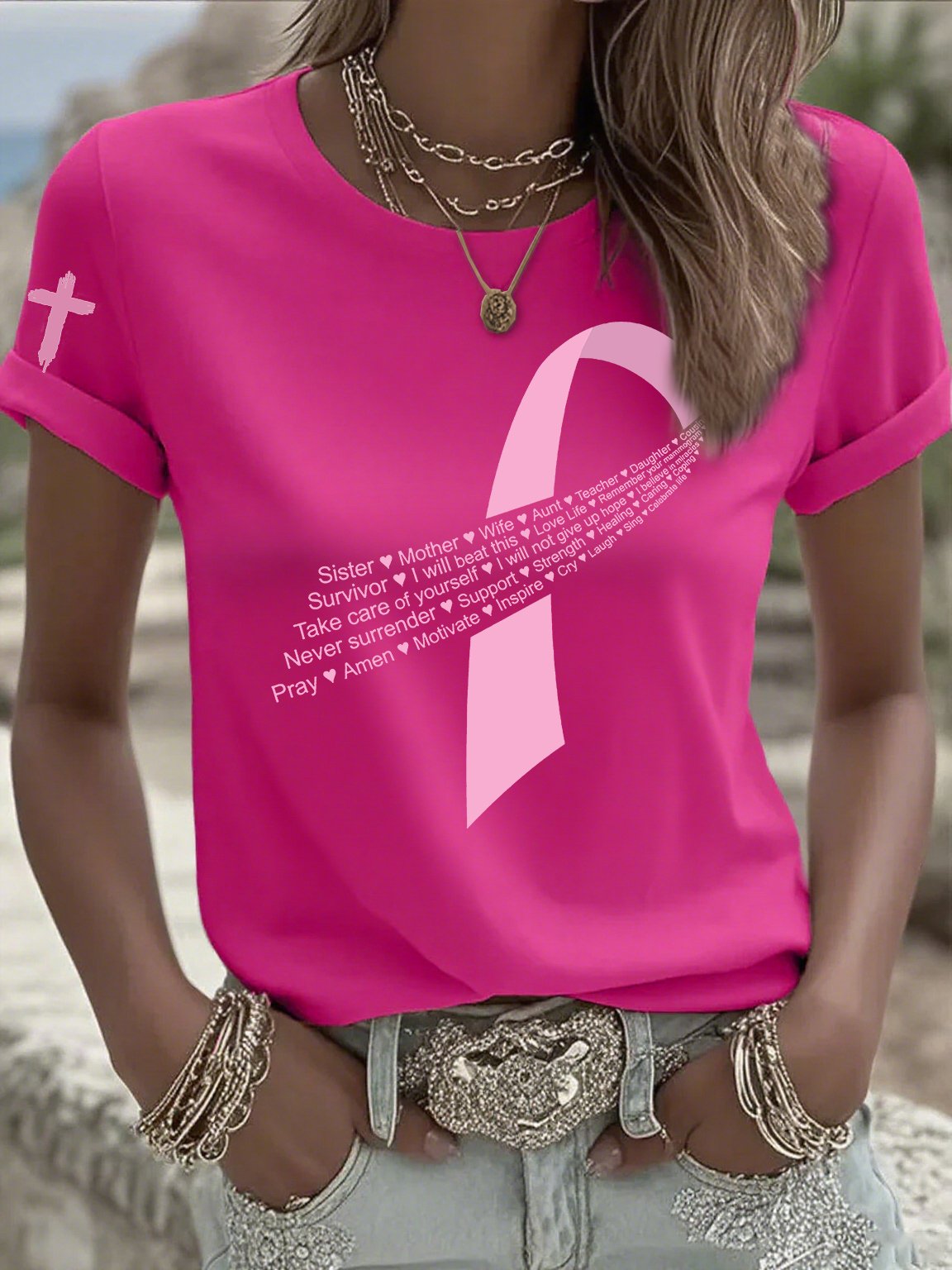 Women's Casual Pink Ribbon T-Shirt