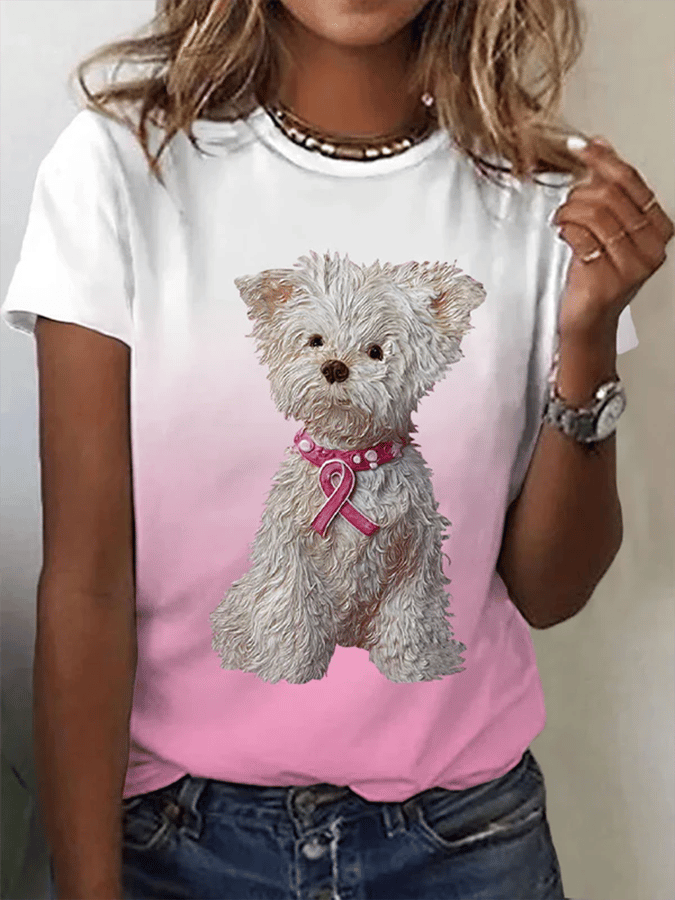 Women's Casual Breast Cancer Awareness Fans with Puppy Print T-Shirt