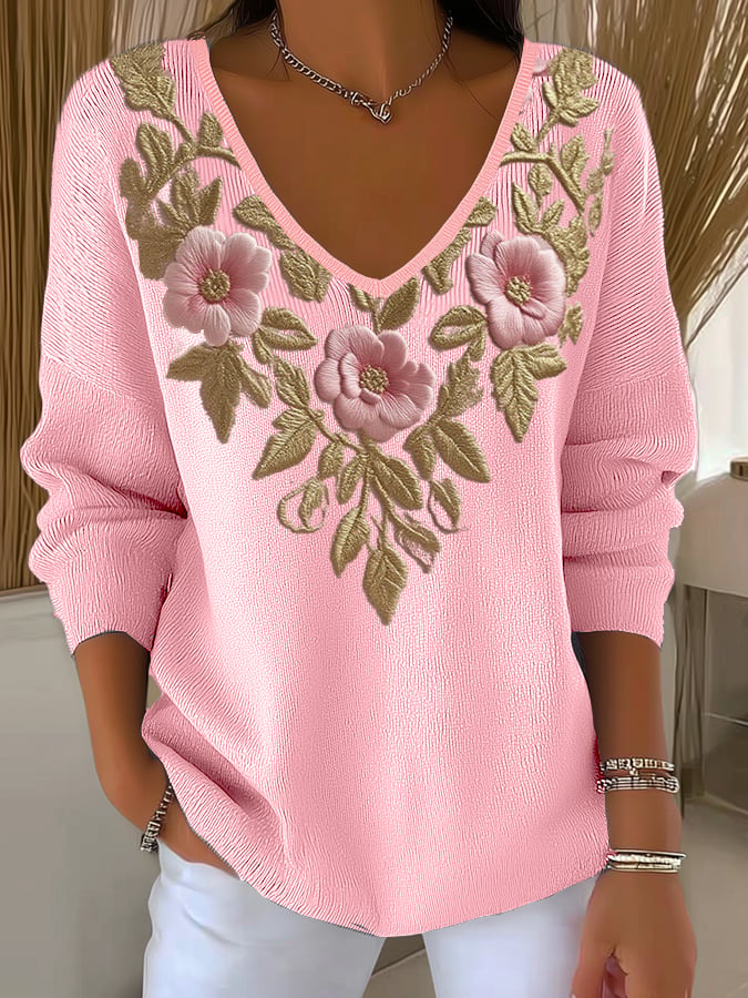 Women'S Pink Floral Print Long-Sleeved T-Shirt