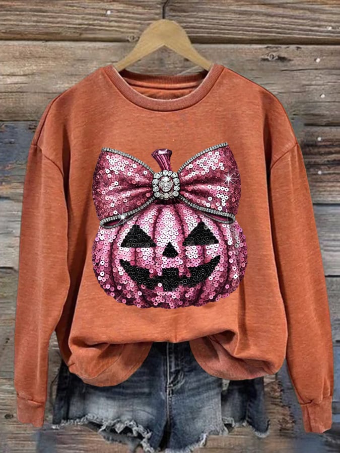 Women's Casual Pink Sequin Pumpkin Sweatshirt