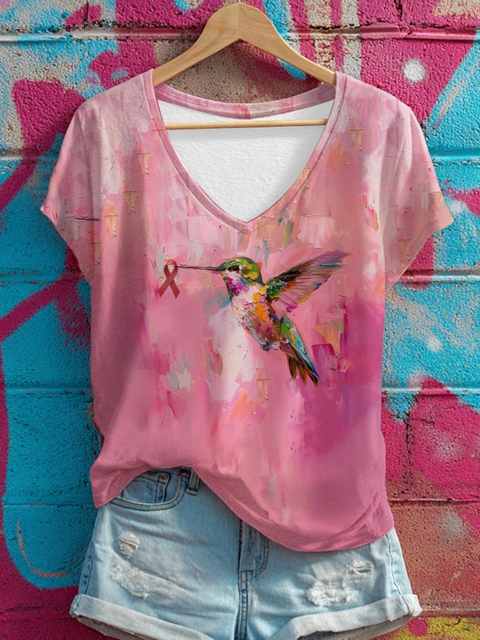Women's Oil Painting Style Hummingbird Print V-Neck T-Shirt