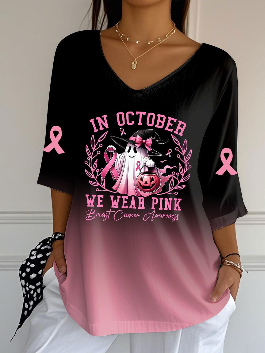 Women's Breast Cancer Ghost Print Jacquard Casual V-Neck Top