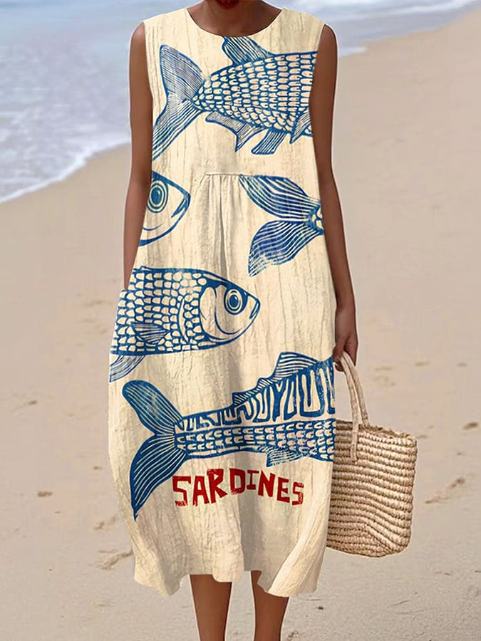 Women's casual retro fish cotton and linen dress