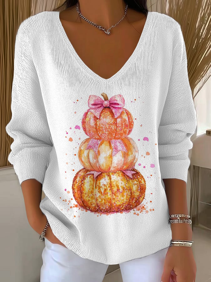 Women's Casual Autumn Pumpkin Striped Long Sleeve Top