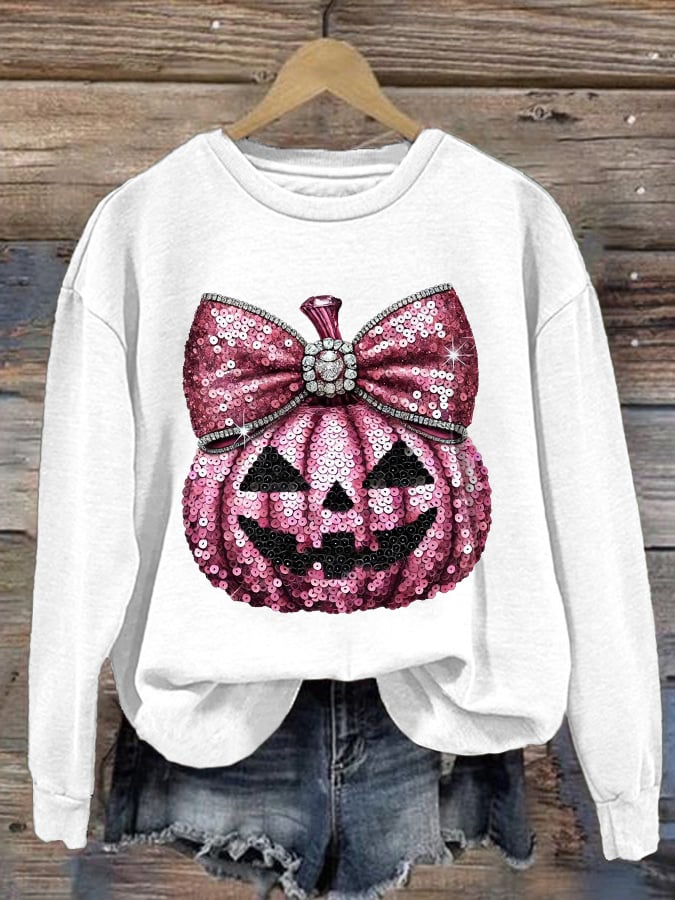 Women's Casual Pink Sequin Pumpkin Sweatshirt