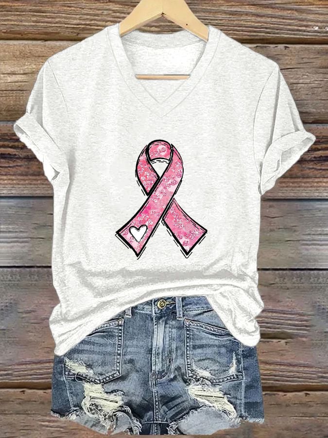 Women's Breast Cancer Awareness Heart Ribbon Print T-Shirt
