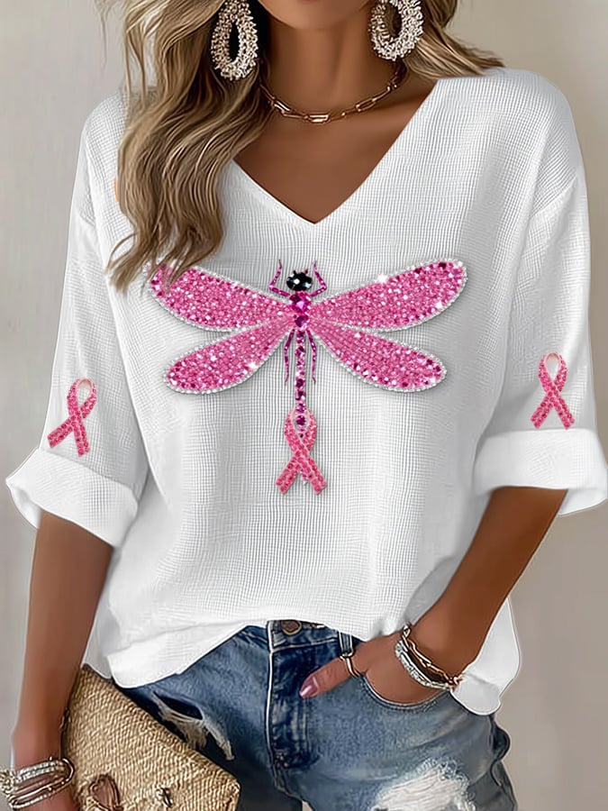 Women's Casual Pink Dragonfly Ribbon Hot-Stitching Rhinestone Print T-Shirt