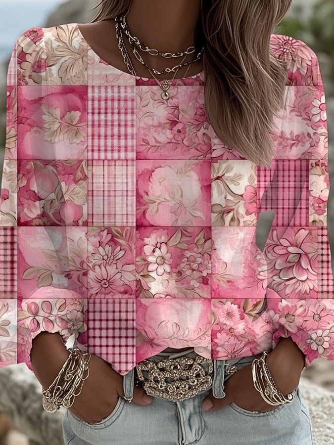 Women's Retro Pink Floral Art Print Crew Neck Long Sleeve Shirt
