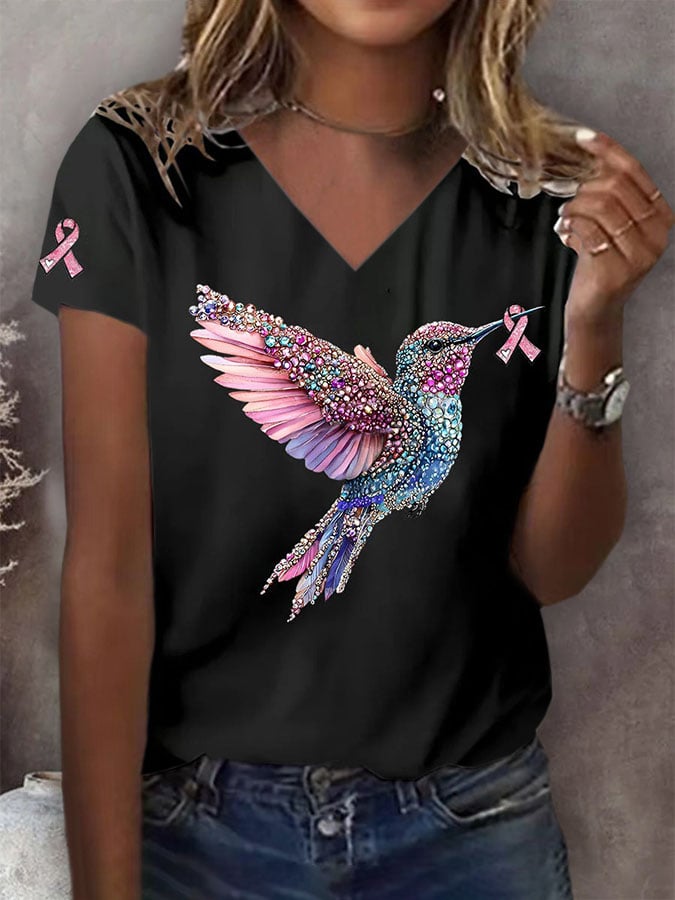 Women's Breast Cancer Hummingbird Print T-Shirt