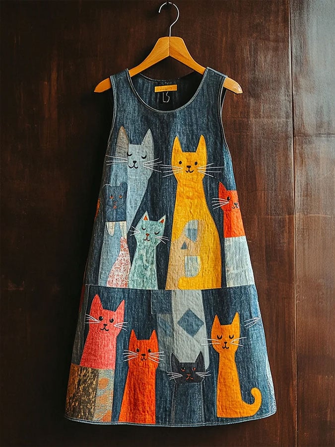 Women's Vintage Cute Cat Print Linen Blend Tank Dress
