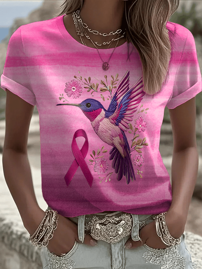 Women's Breast Cancer Hummingbird Print Crew Neck T-Shirt