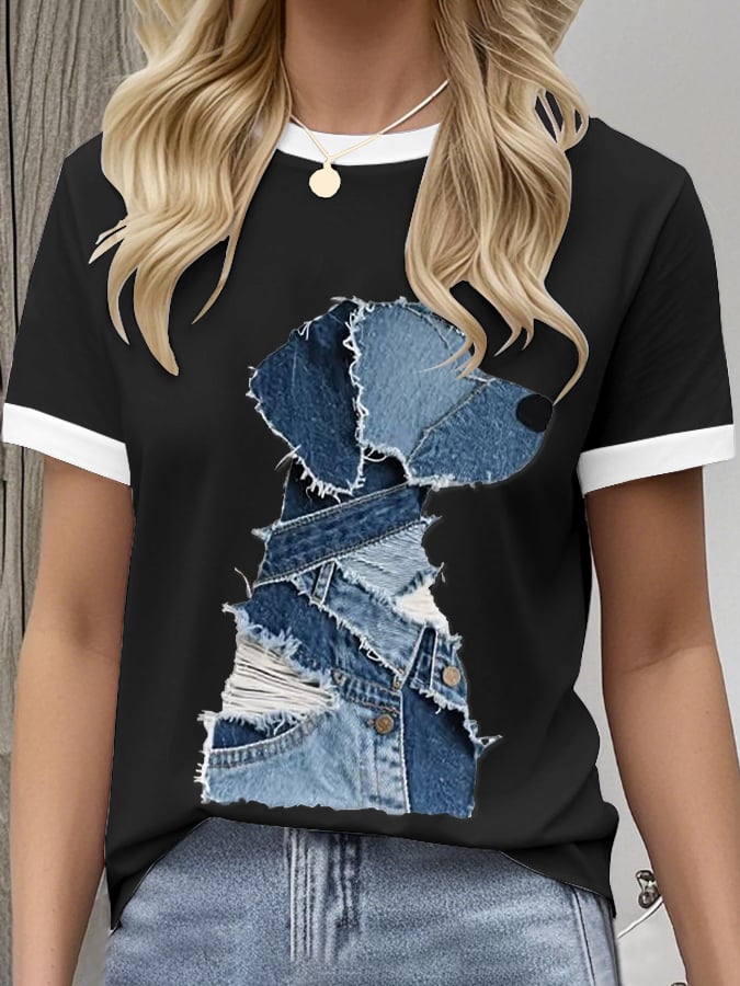Women's Retro Funny Animal Dog Print Crew Neck T-Shirt