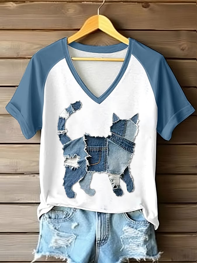 Women's Retro Funny  Animal Cat Print Raglan Short Sleeve T-Shirt