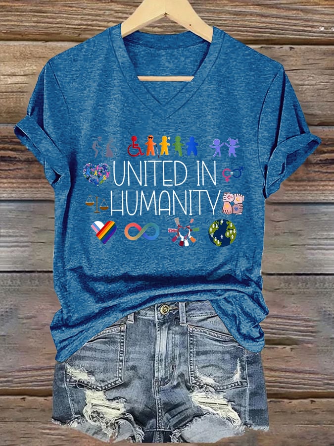 V-Neck Retro United In Humanity Diversity, Inclusion, Disability, Neurodiversity, Equality, Advocacy Print T-Shirt