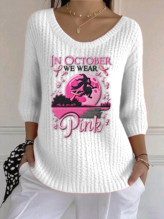 Women's casual retro pink October we wear pink witch sweater