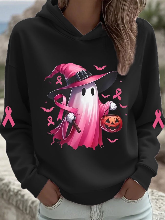 Women's Breast Cancer Cute Ghost Print Hooded Sweatshirt