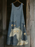Women's Casual Cute Cat Cotton And Linen Dress