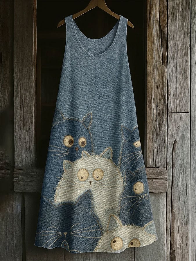 Women's Casual Cute Cat Cotton And Linen Dress