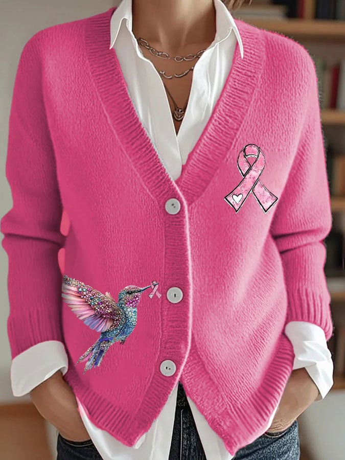 Women's Breast Cancer Sweater Hummingbird Ribbon Print Cardigan