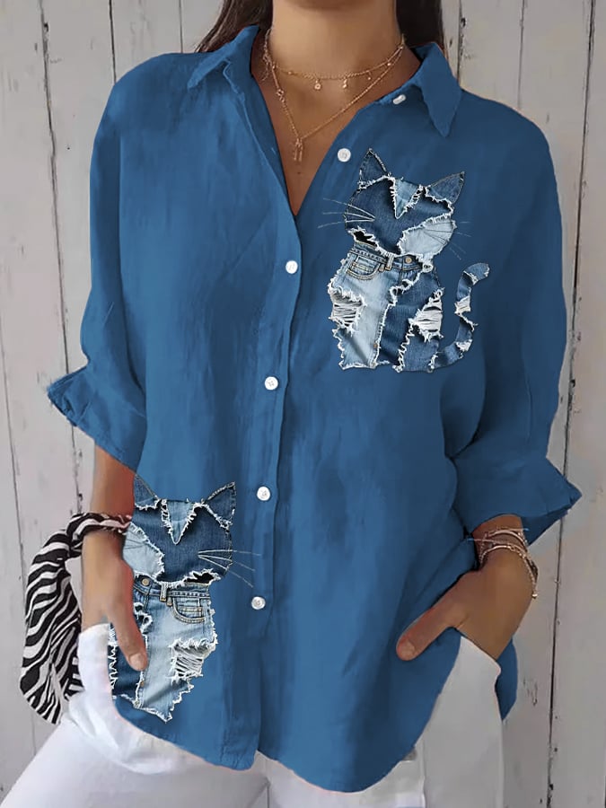 Women's Retro Funny Animal Cat Print Casual Shirt