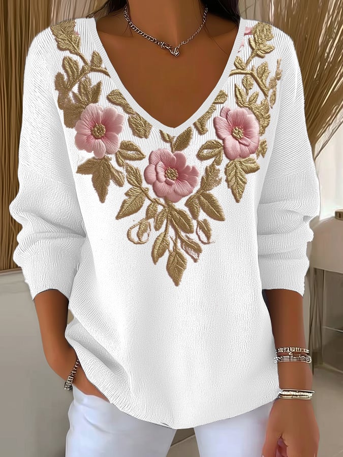 Women'S Pink Floral Print Long-Sleeved T-Shirt