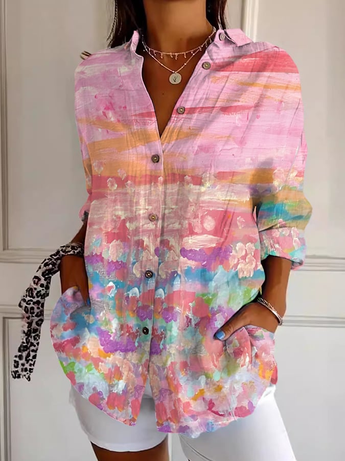 Women's Pink Oil Painting Gradient Floral Butterfly Print Lapel Shirt