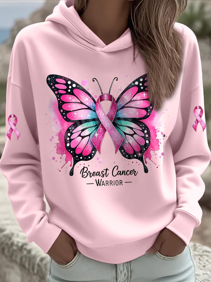 Women's Casual Pink Butterfly Ribbon Hoodie