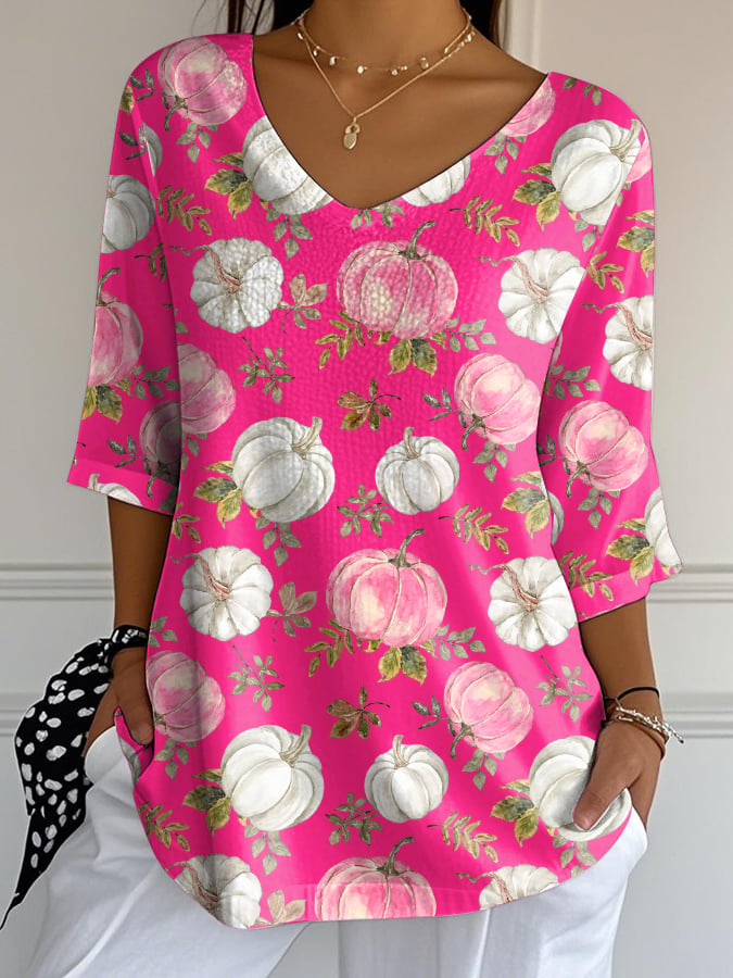 Women's Casual Pink Patchwork Print Pumpkin Bubble Wrinkle Top