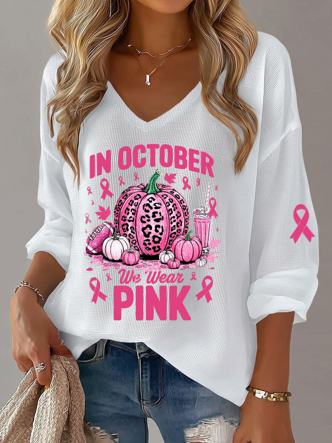 Women's Breast Cancer In October We Wear Pink Print Waffle Long-Sleeved T-Shirt