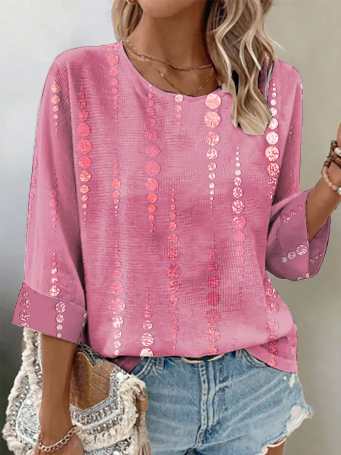Women's Pink Polka Dot Printed 3/4 Sleeve Top