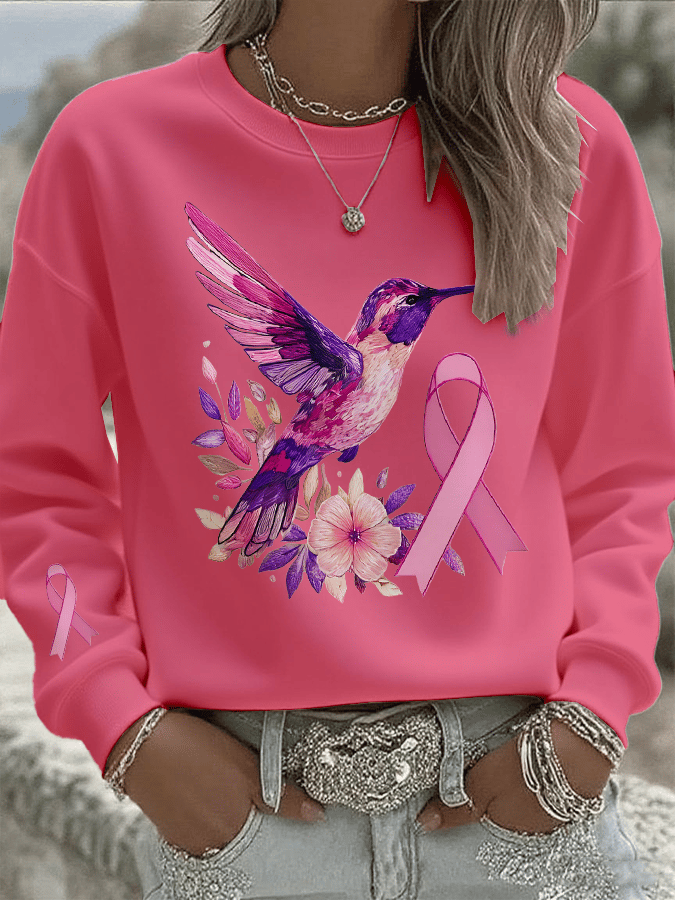 Women's Breast Cancer Hummingbird Print Crew Neck Sweatshirt
