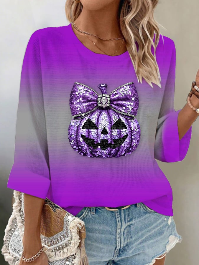 Women's Casual Pumpkin Waffle Long Sleeve Top