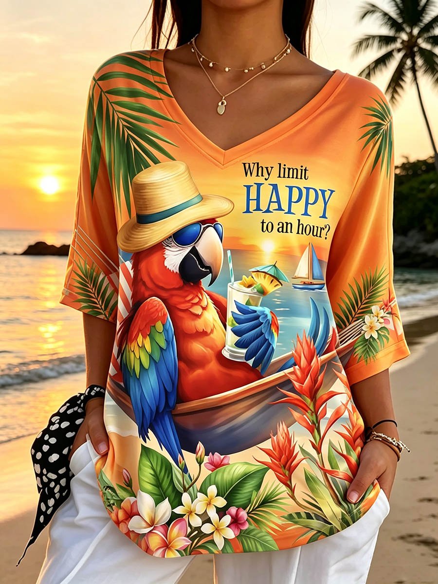 Women's Retro Vacation Hawaiian Print Mid Sleeve T-Shirt