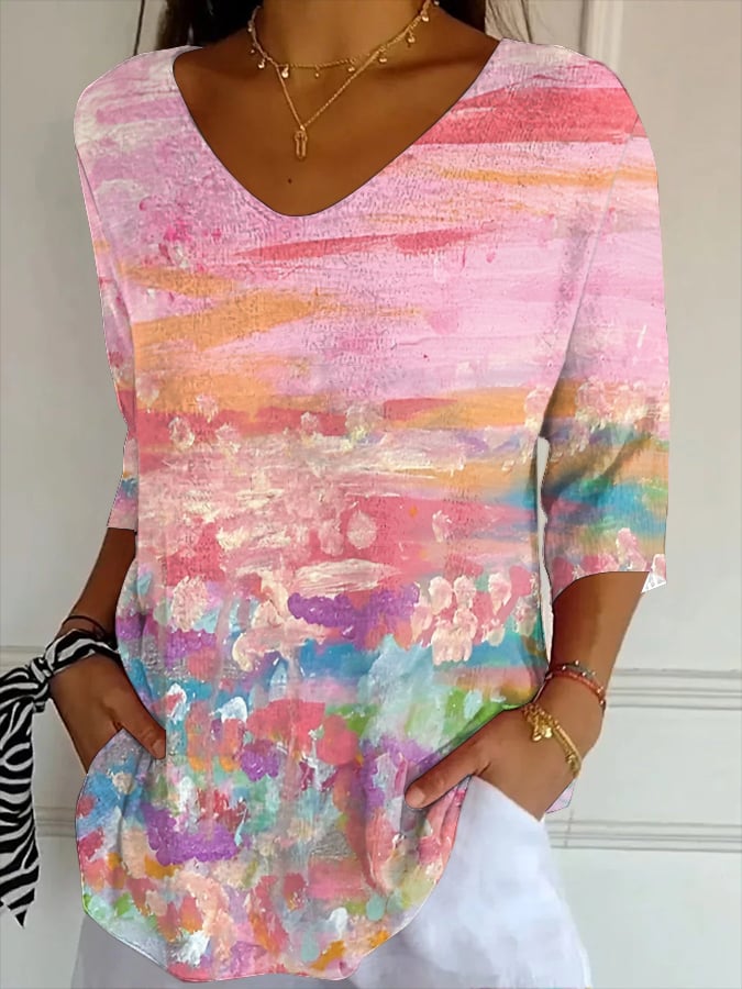 Women's Breast Cancer Print Striped Fabric Casual V-Neck Mid-Sleeve T-Shirt
