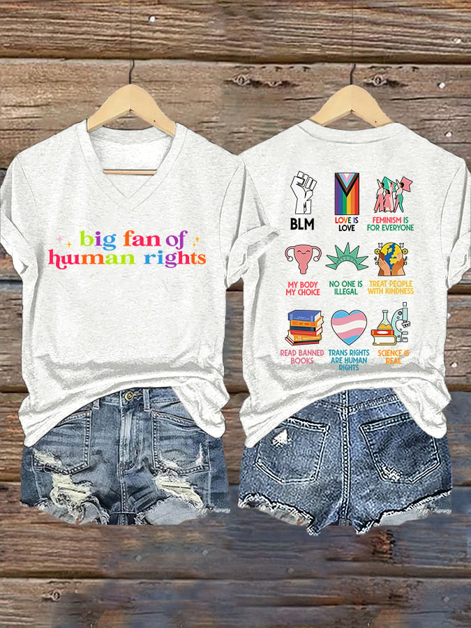 V-Neck Retro Big Fan Of Human Rights Print T-Shirt