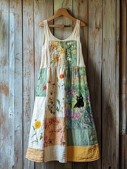 Women's Cute Cat In The Garden Sleeveless Round Neck Dress