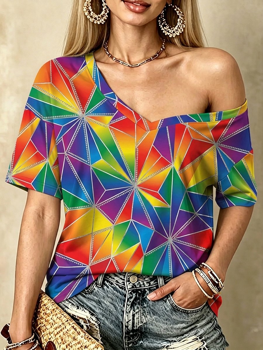 Women's Rainbow Print V-Neck T-shirt