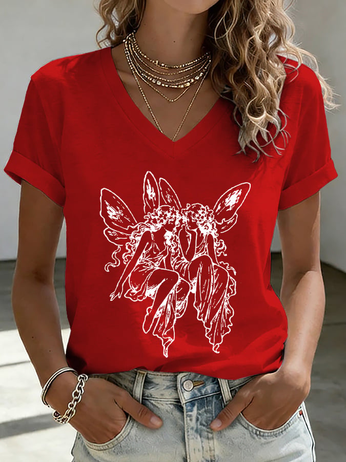 V-Neck Retro Medieval Fairy Subtle Lesbian Print T-Shirt