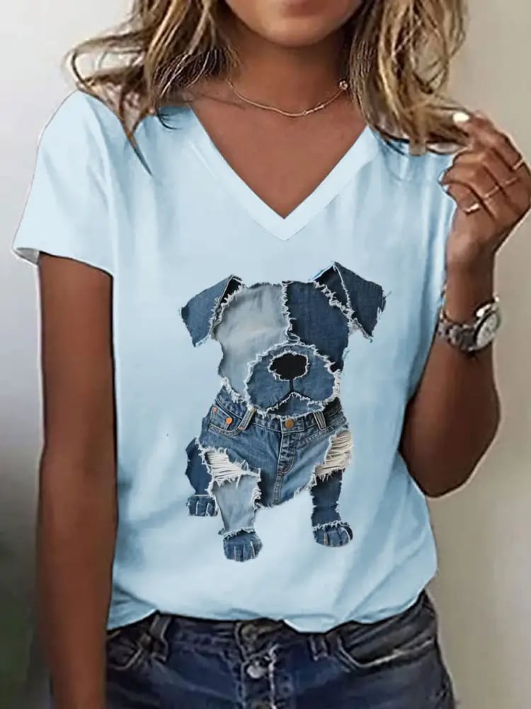 Women's Retro Funny  Animal Dog Print V-Neck T-Shirt