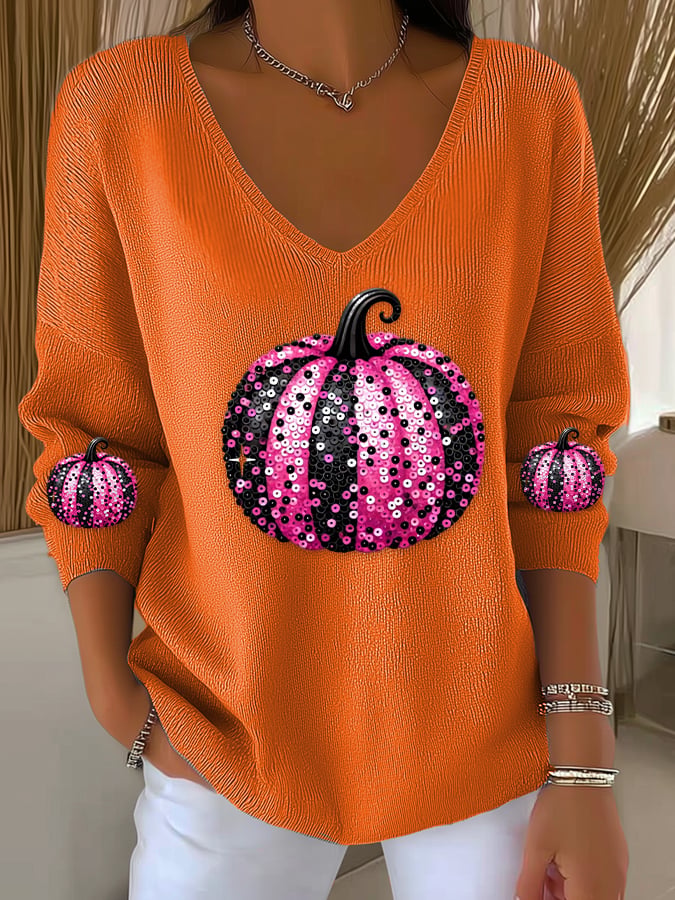 Women's casual pink sequined pumpkin striped long-sleeved top